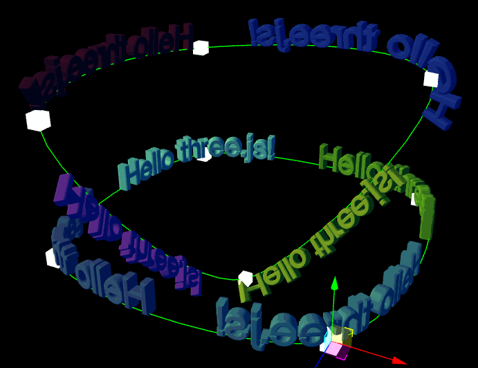 3D text duplicated 8 times traveling along two paths.