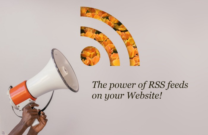 A megaphone held by two hands. To the right is the RSS logo stamped out with orange flowers behind.