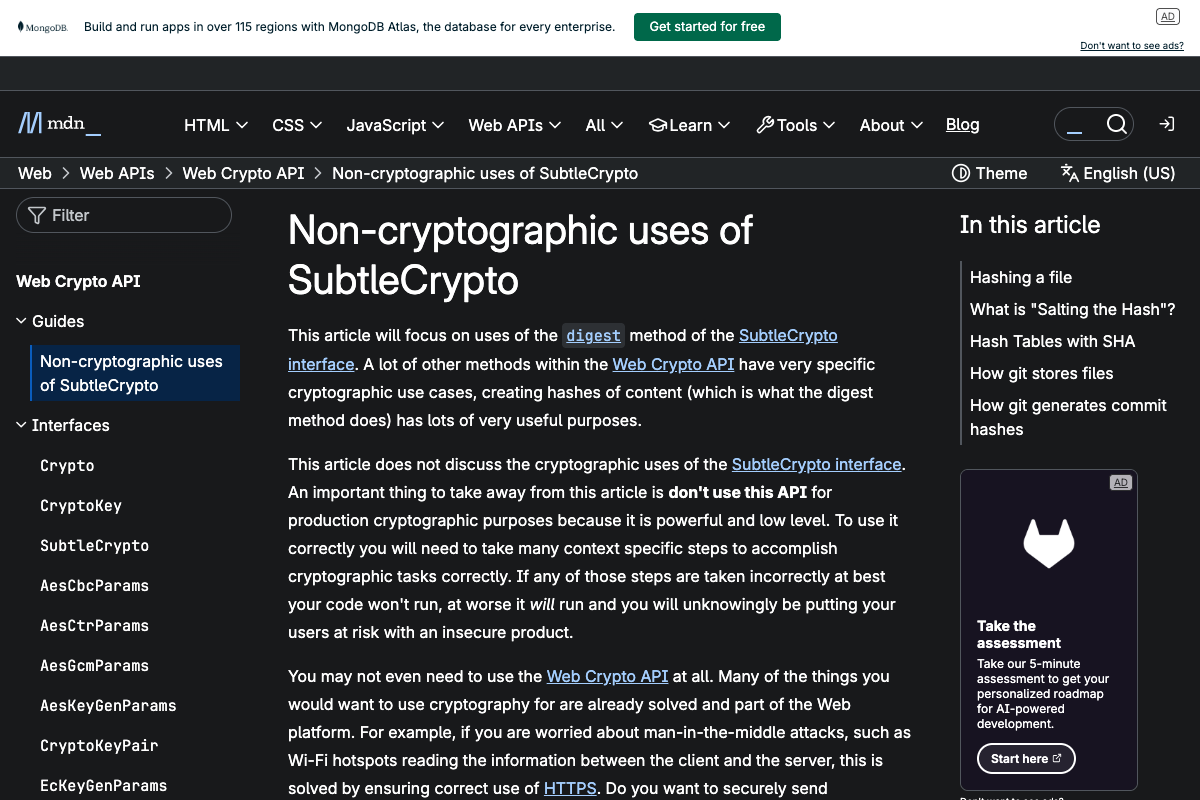 Preview image for Non-cryptographic uses of SubtleCrypto - Web APIs | MDN